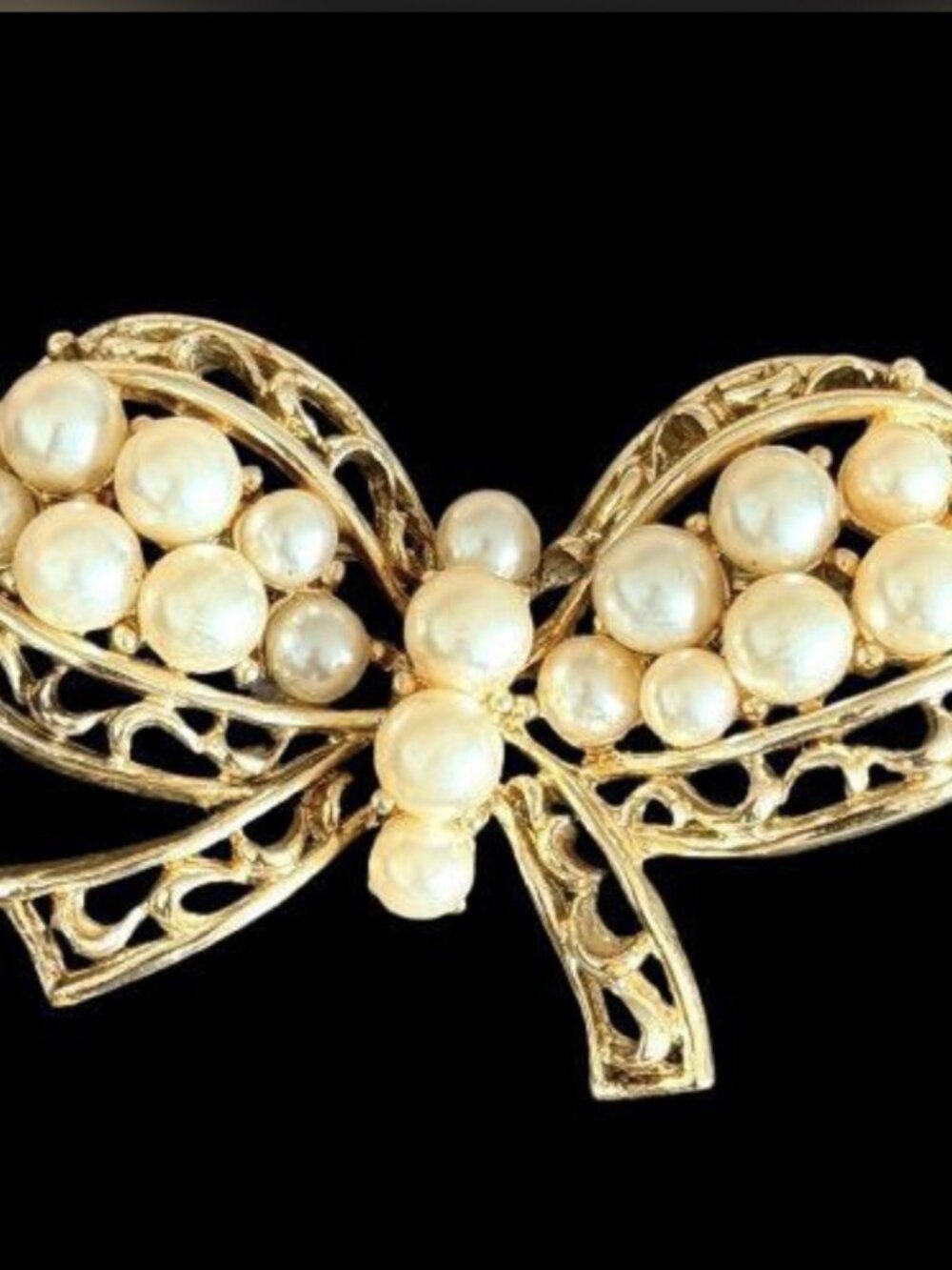 Signed Gold Tone Faux Pearl Ribbon Bow Brooch